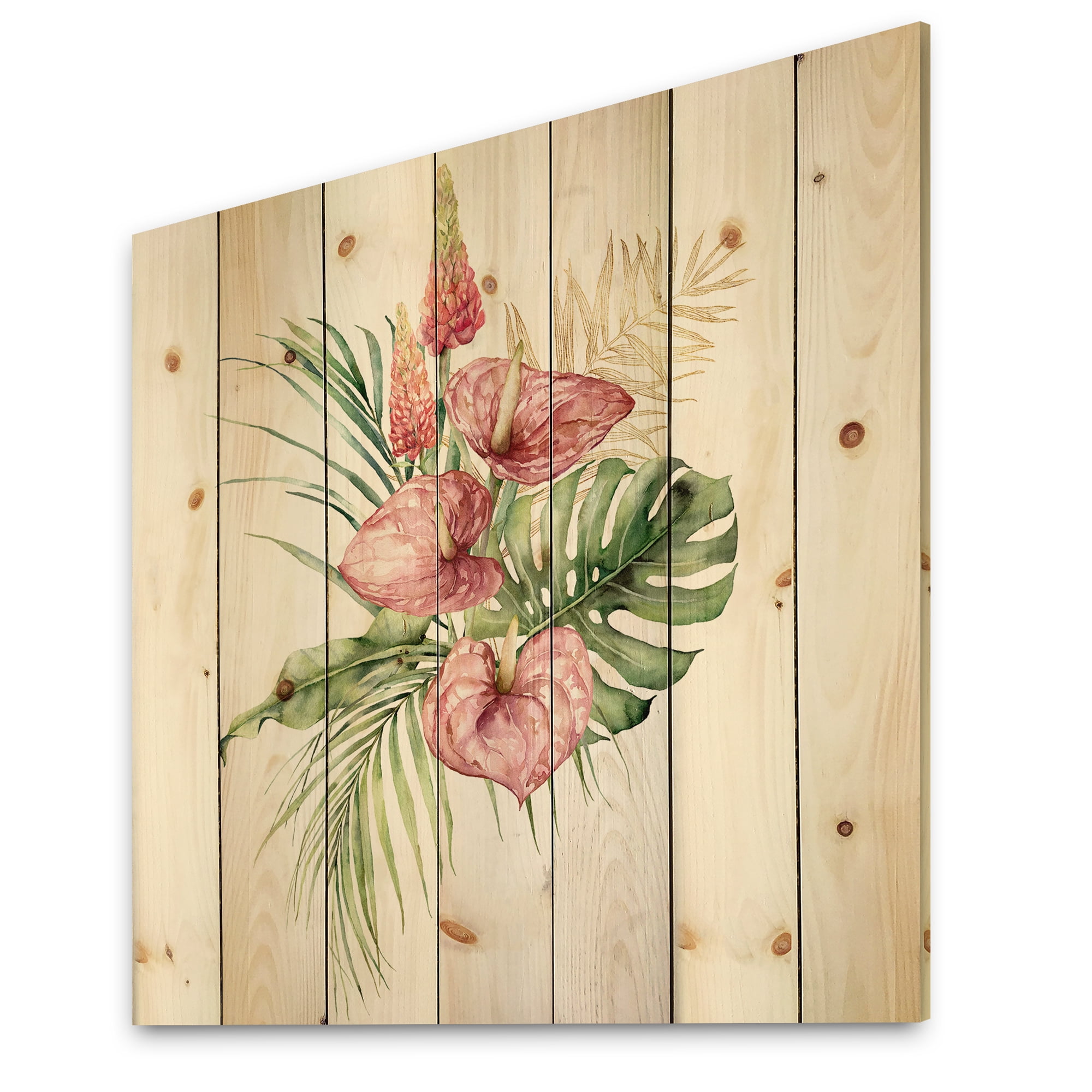 Designart 'Tropical Bouquet With Anthurium Lupine and Leaves On White I' Traditional Print on Natural Pine Wood