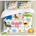 thumbnail image 1 of Animal King Size Duvet Cover Set, Cute Giraffe Elephant Zebra Turtle Kids Nursery Baby Themed Cartoon Comic Print, Decorative 3 Piece Bedding Set with 2 Pillow Shams, Multicolor, by Ambesonne, 1 of 3