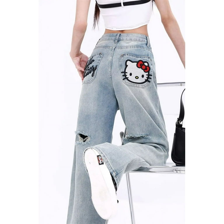 New Sanrio Hello Kitty Jeans Kawaii Woman High Waist Blue New Sanrio Hello Kitty Jeans Kawaii Woman High Waist Blue