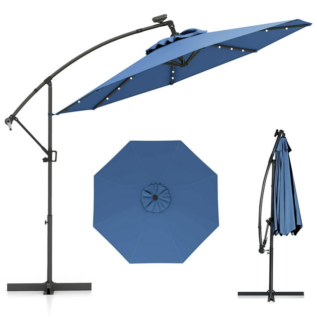 Gymax 10Ft Offset Hanging Umbrella Patio Outdoor w/ 32 Solar LED Lights Blue