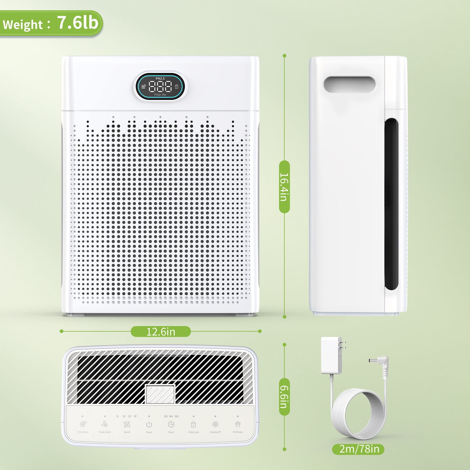 Air Purifiers for Home Up to 2200 Ft², HEPA Air Purifier with Washable Pre-filter, Fan Mode, Pet Mode, PM 2.5 Air Quality Monitor, for Pets Hair, Dust, Pollen, Smoke(PR3)