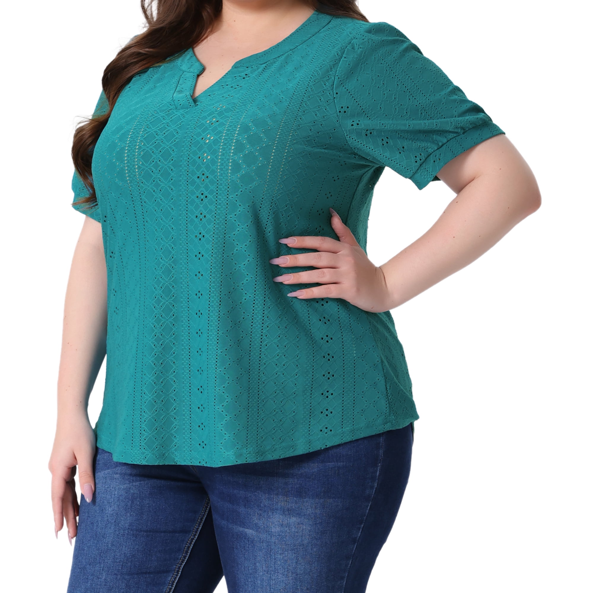 DARING DIVA Women's Plus Tops Hollow Casual V Neck  Summer Blouse Shirts 5X Turquoise