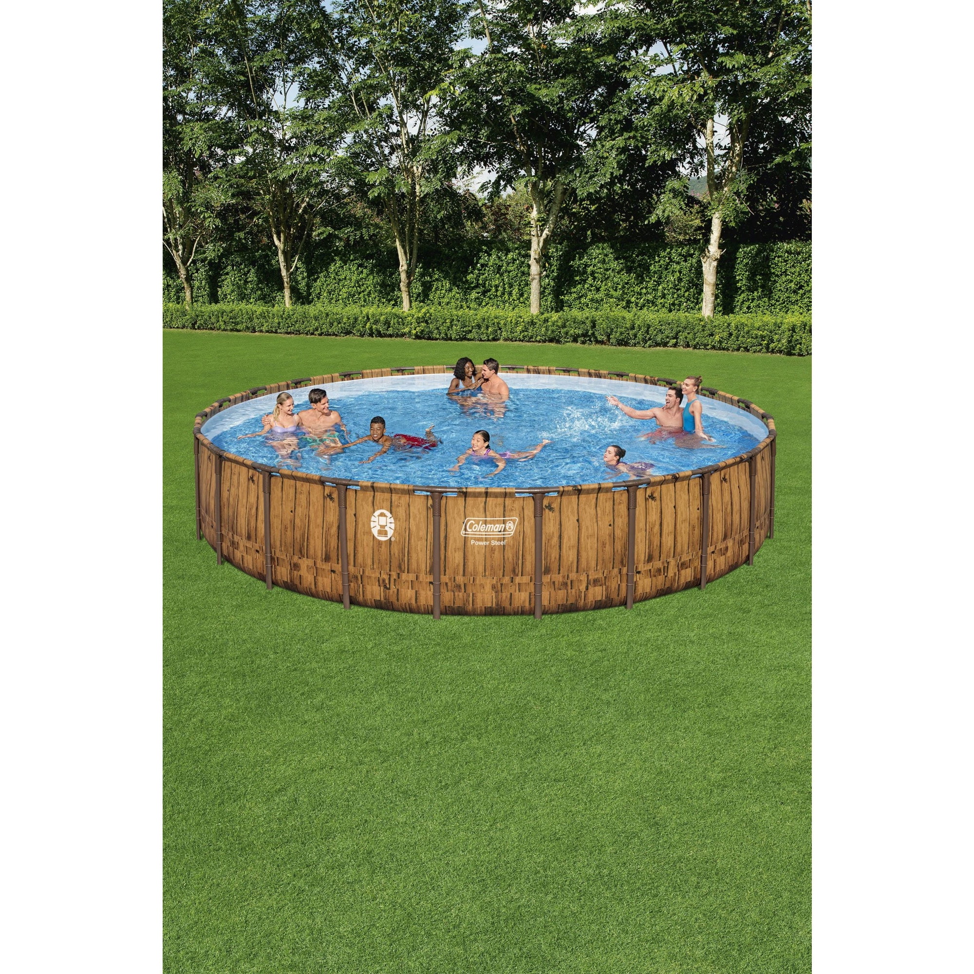 Coleman Power Steel 24' x 52” Metal Frame Above Ground Pool w/ Pump, Ladder, & Cover, Wood