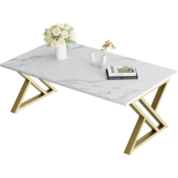 Coffee Table White Living Room Center Table, Simple Modern Faux Marble Rectangular Tea Table with Sturdy Black Metal Frame,Industrial Wooden Coffee Table for Bedroom Home Office