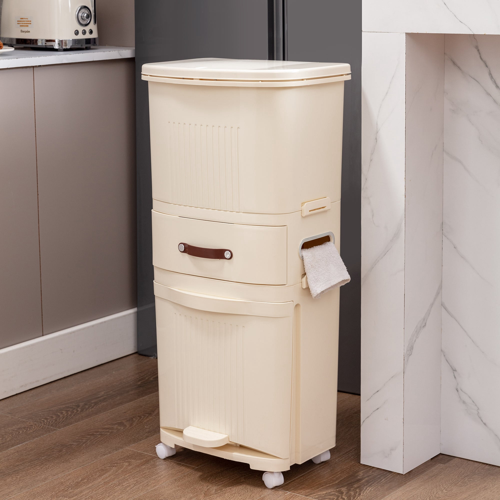 VECELO 3-Tier Kitchen Trash Can with Lid, Recycling Plastic Garbage Can with Wheels, Multi-purpose Trash Bin Categorize Waste, White