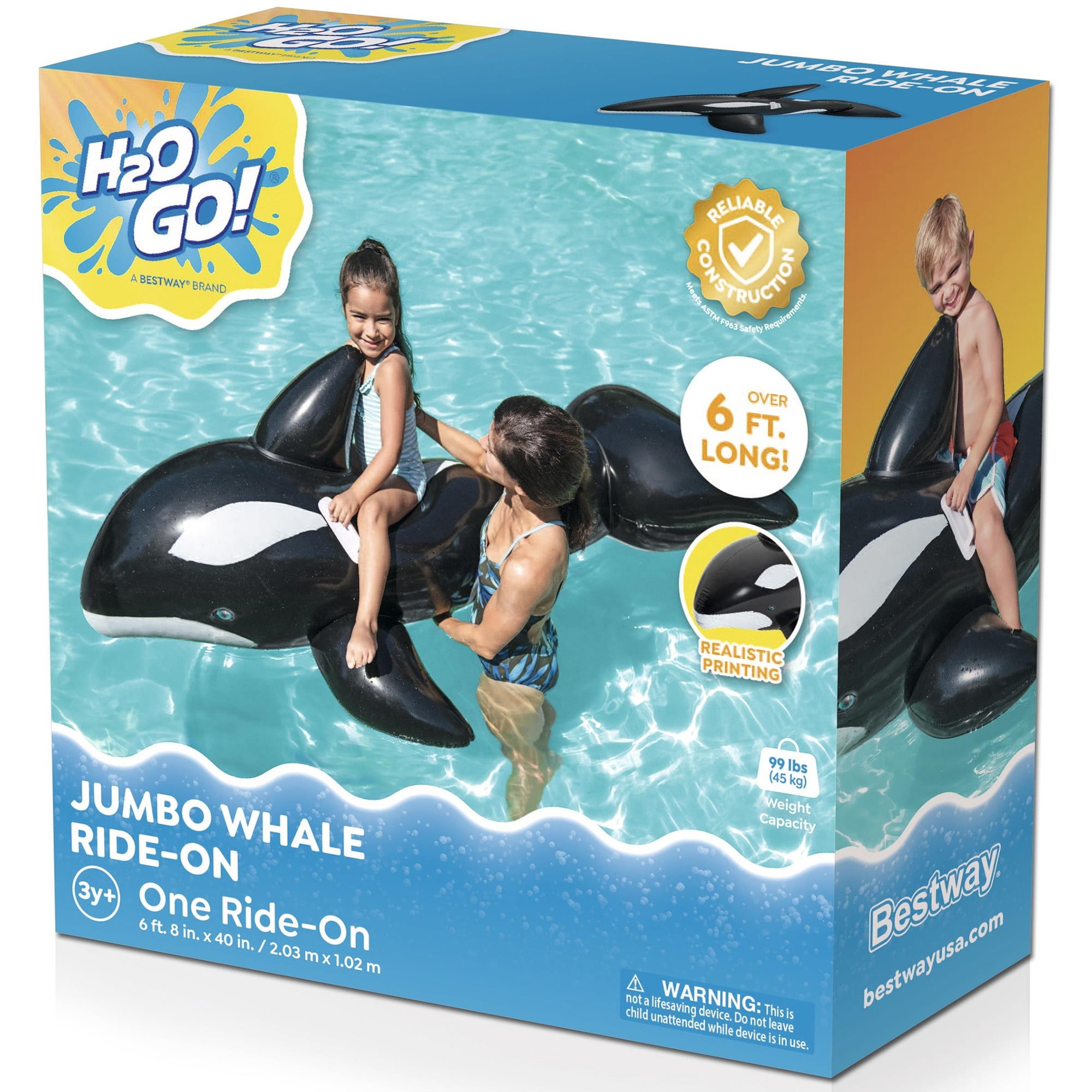 Bestway: Jumbo Whale Rider - Black & White - 80x40" Inflatable Ride-On Pool Float, Ocean Animal Character Lounger, Grip Handles, Water Play, Kids 3+