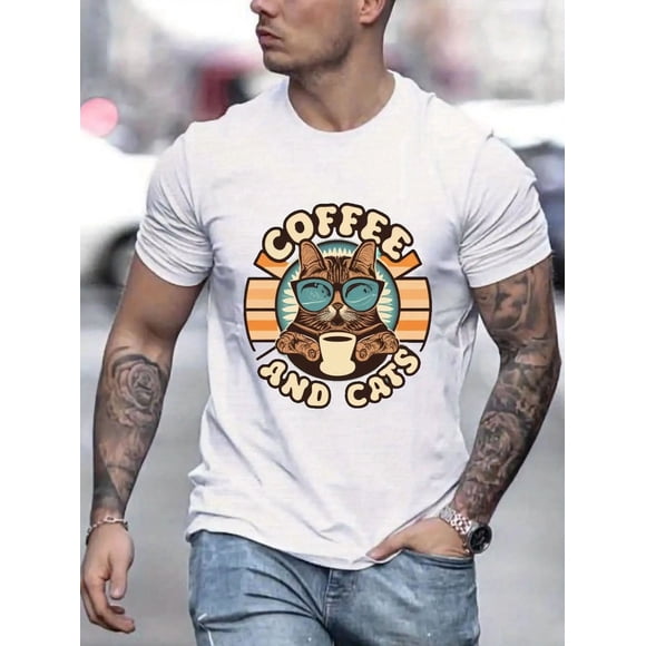 T-Shirt Unisexe à Manches Courtes Décontracté d'Été avec Imprimé Café et Chat W82, jusqu'à la Taille 3TG