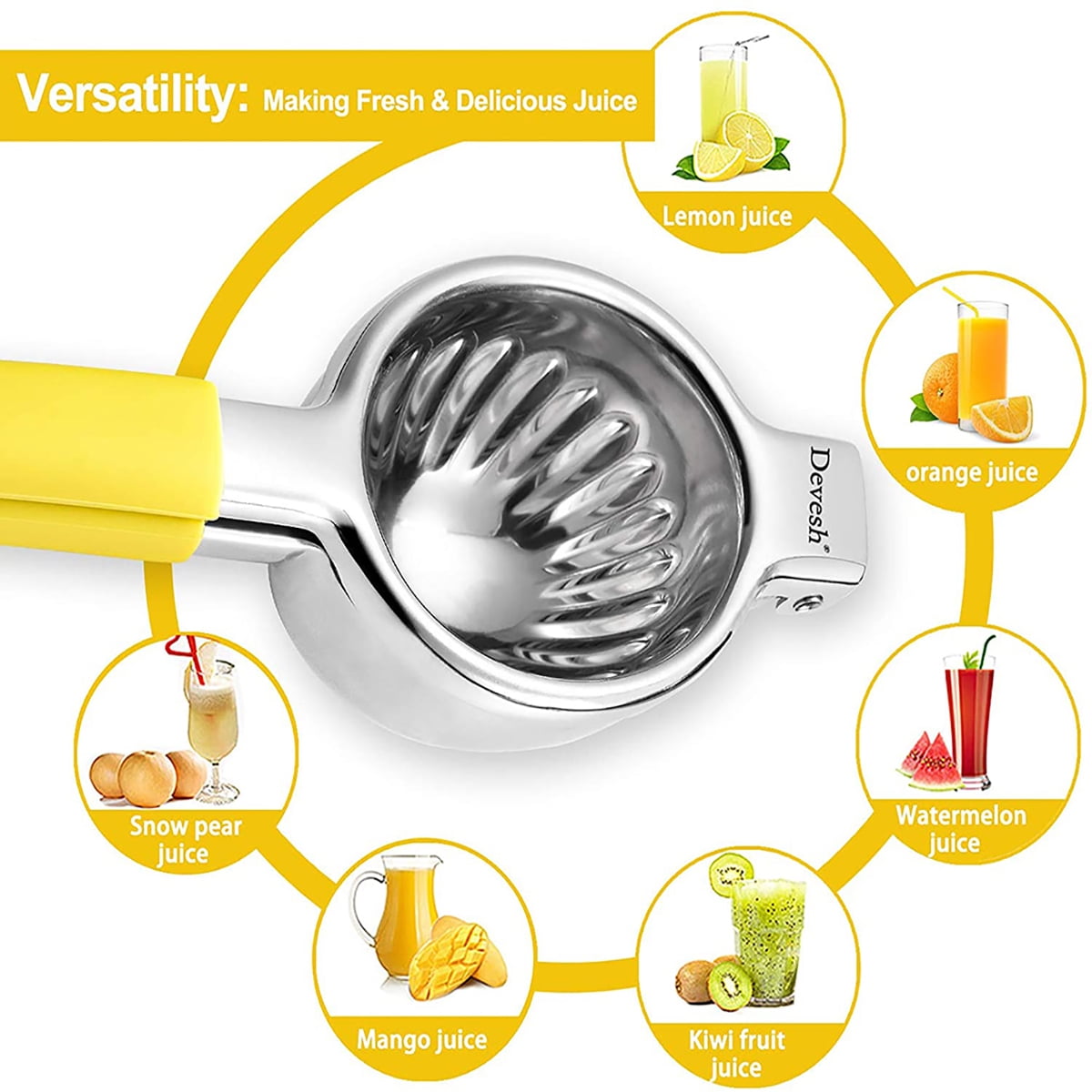 Kepooman 3.54" Handheld Stainless Steel Lemon Squeezer with Non Slip Silicone Handle for Orange Citrus, Yellow Kepooman 3.54" Handheld Stainless Steel Lemon Squeezer with Non Slip Silicone Handle for Orange Citrus, Yellow