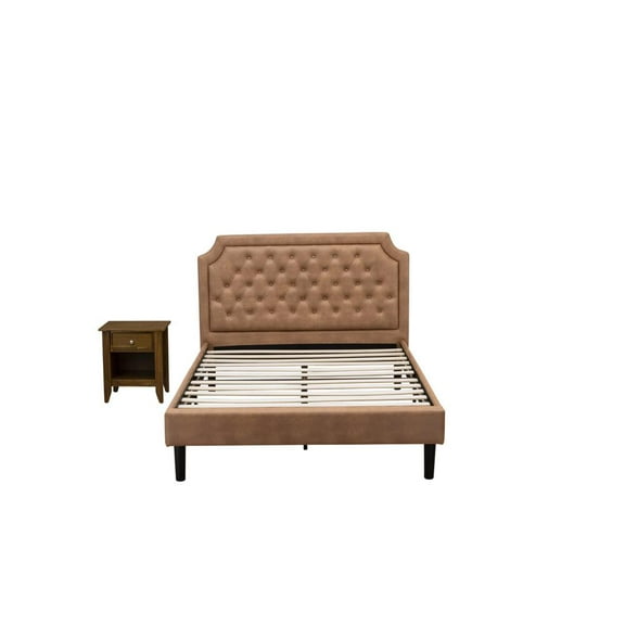 East West Furniture GB28F-1GA08 2-Piece Granbury Wooden Set for Bedroom with Bed and an Antique Walnut Nightstand - Brown Faux Leather and Black Legs