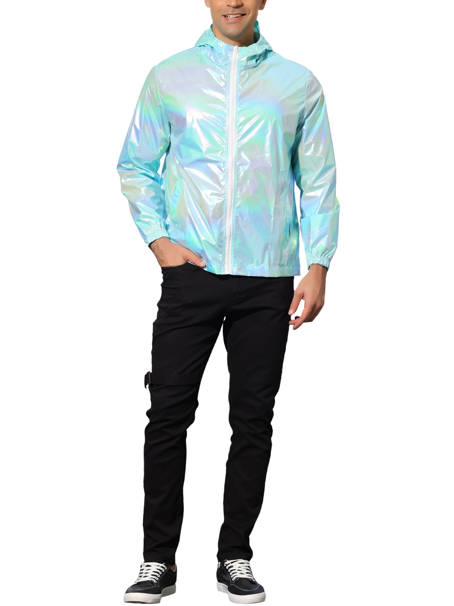 INSPIRE CHIC Men's Jacket Metallic Zip up Hooded Lightweight Holographic Shiny Jackets M Mint Blue