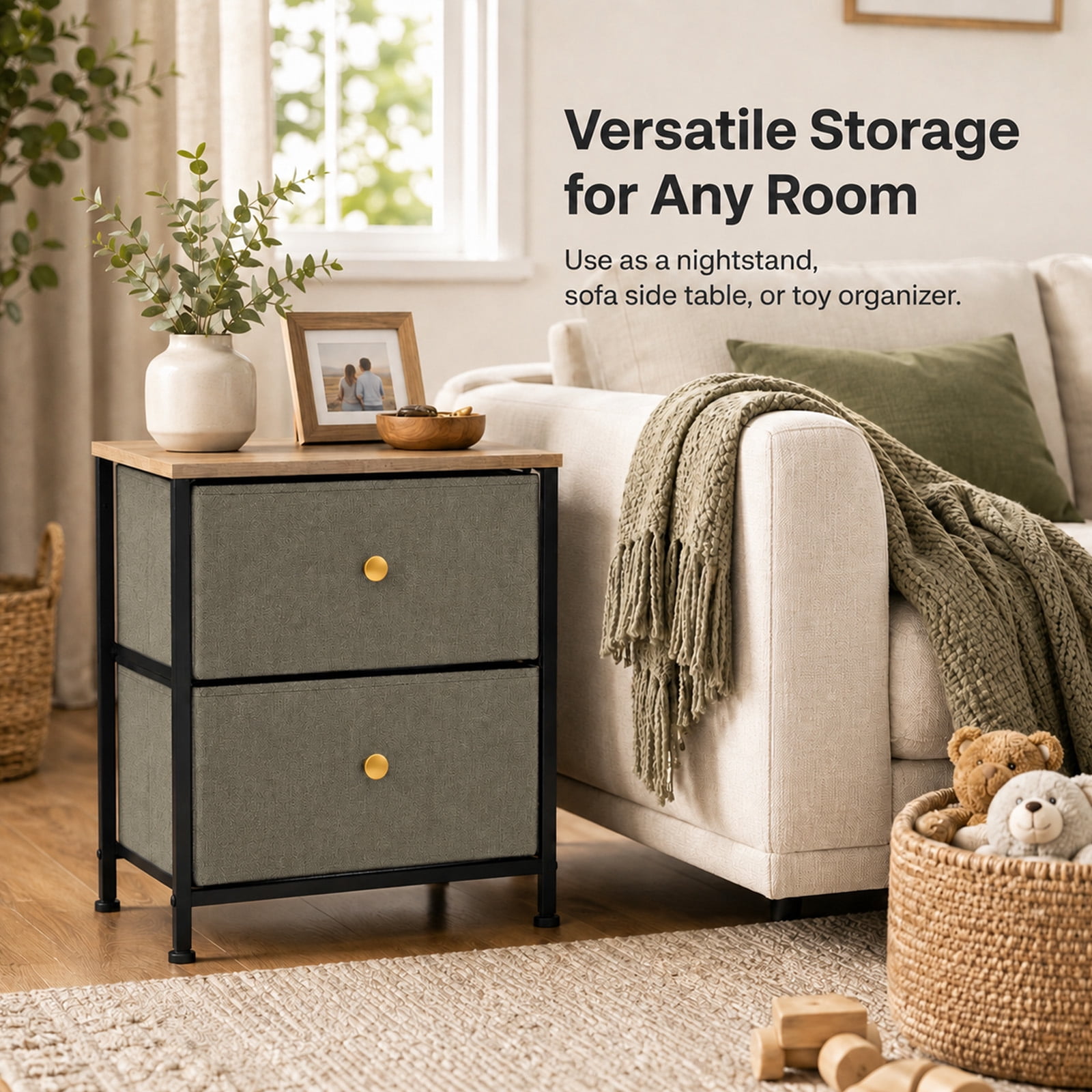 Alvantor Nightstand with 2 Storage Drawers, Small Bedside Table, Small Dresser with Sturdy Wooden Top for Daily Essentials, Compact Nightstand for Bedroom and Small Spaces