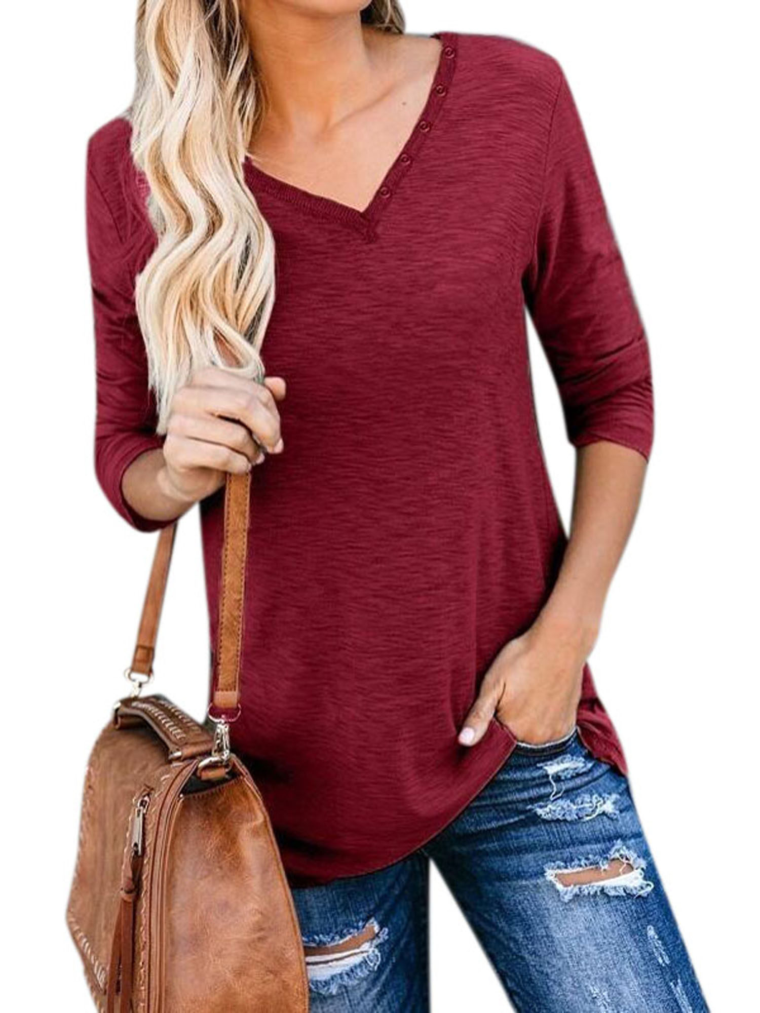 UPAIRC Women's Plus Size Long Sleeve Shirts V Neck Casual Blouse Plain