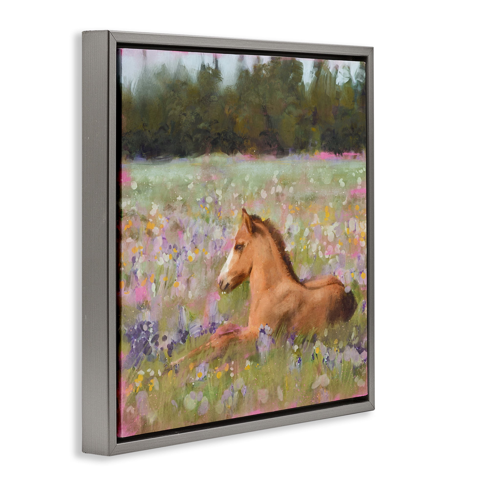 Stupell Industries Foal Horse Lounging Flower Meadow Animals & Insects Painting Gray Floater Framed Canvas Art Print Wall Art, 18 x 18