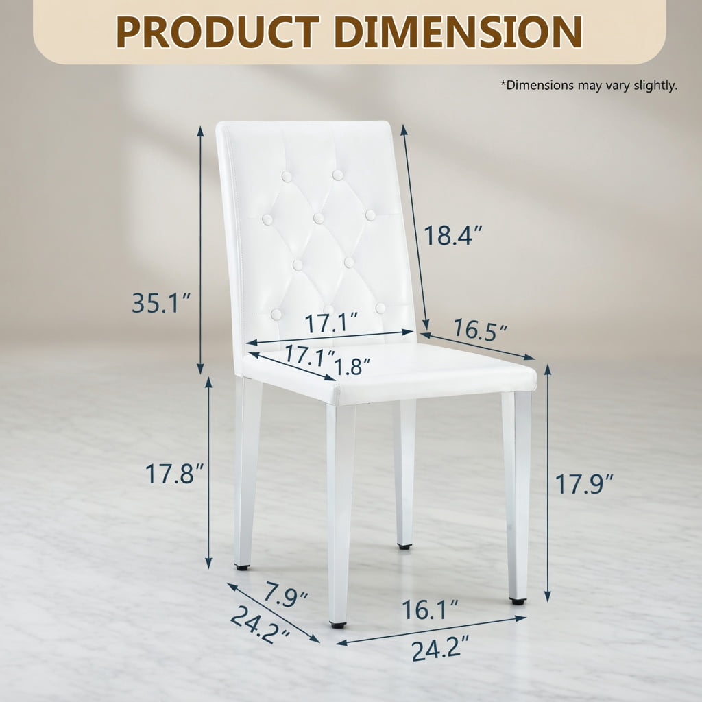 Hommoo 4-Pack PU Dining Chairs with Ergonomic Buckle Backrest, 35 in Height, Metal Legs, Modern Comfort Seating for Dining Room, Restaurant & Hotel Banquet Hall, White & Sliver