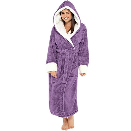 IDALL Robes for Women Nightgowns for Women Robe Autumn Color Matching Plush Insulation with Hat And Belt Long Nightgown Pajamas Women s Lingerie  Sleep & Lounge Purple 2 S