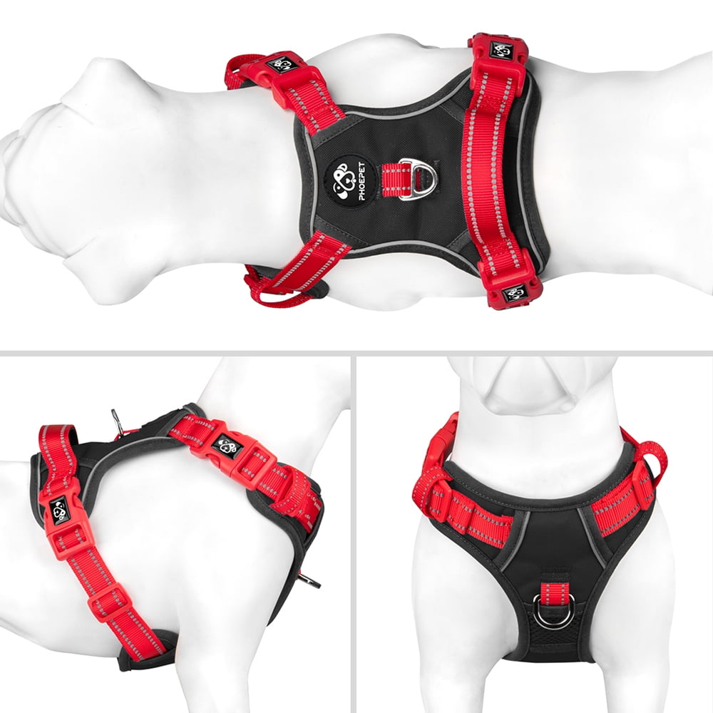 PHOEPET No Pull Dog Harness, Unique Colors Reflective Adjustable Dog Vest, with Soft Training Handle Metal Clips for Small Medium Large Dogs (Black Base & Red Straps)