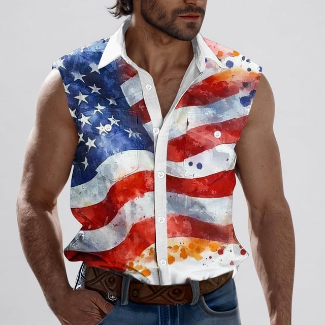 EGNMCR Débardeur Col Rabattu Homme Mode Décontractée Jour de l'Indépendance Imprimé Col Rabattu Sans Manches Poches Débardeur Sport Homme Polyester Blouse