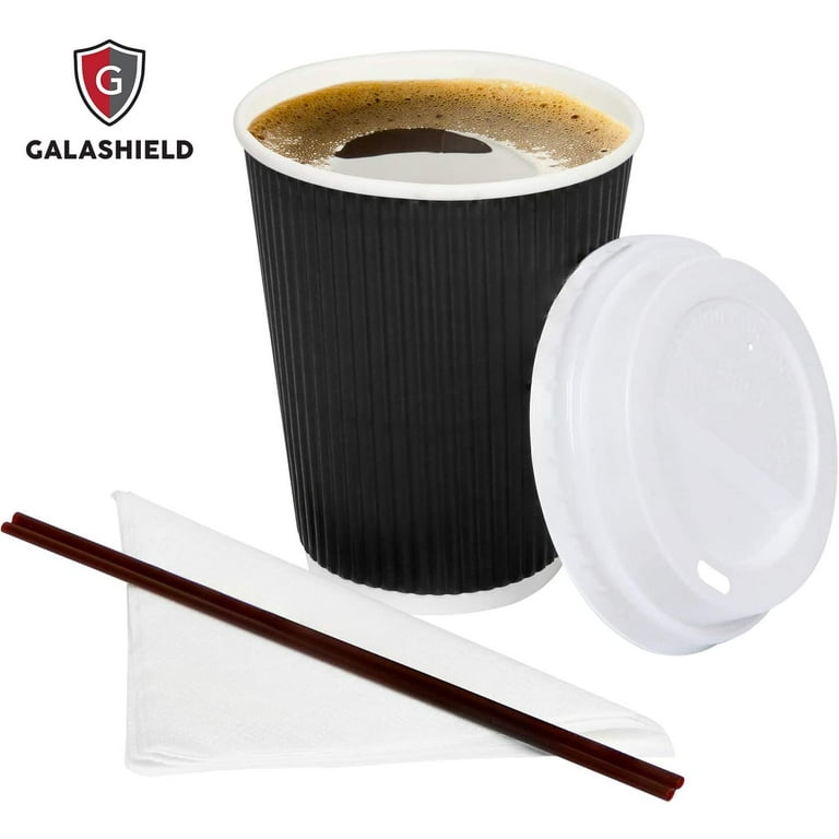 50 Pack 12 oz Paper Coffee Cups with Lids for Coffee, Hot Drinks, Insulated  Double Wall Cups with Stirring Straws, Napkins (Black) 