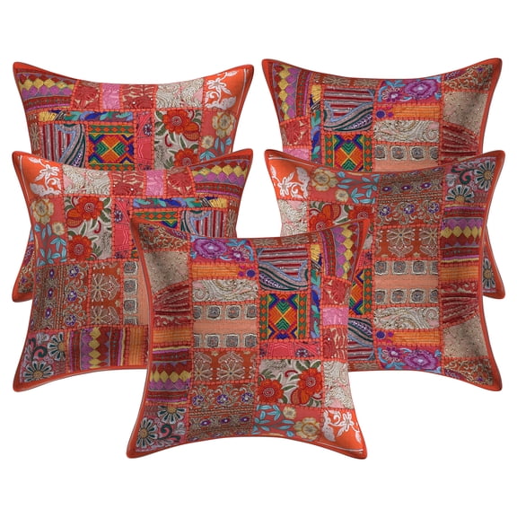 Stylo Culture Ethnic Cotton Living Room Throw Pillow Covers Orange 18 x 18 Bohemian Vintage Patchwork Ethnic Sofa Cushion Covers 45x45 cm Decorative Abstract Square Pillow Cases | Set Of 5