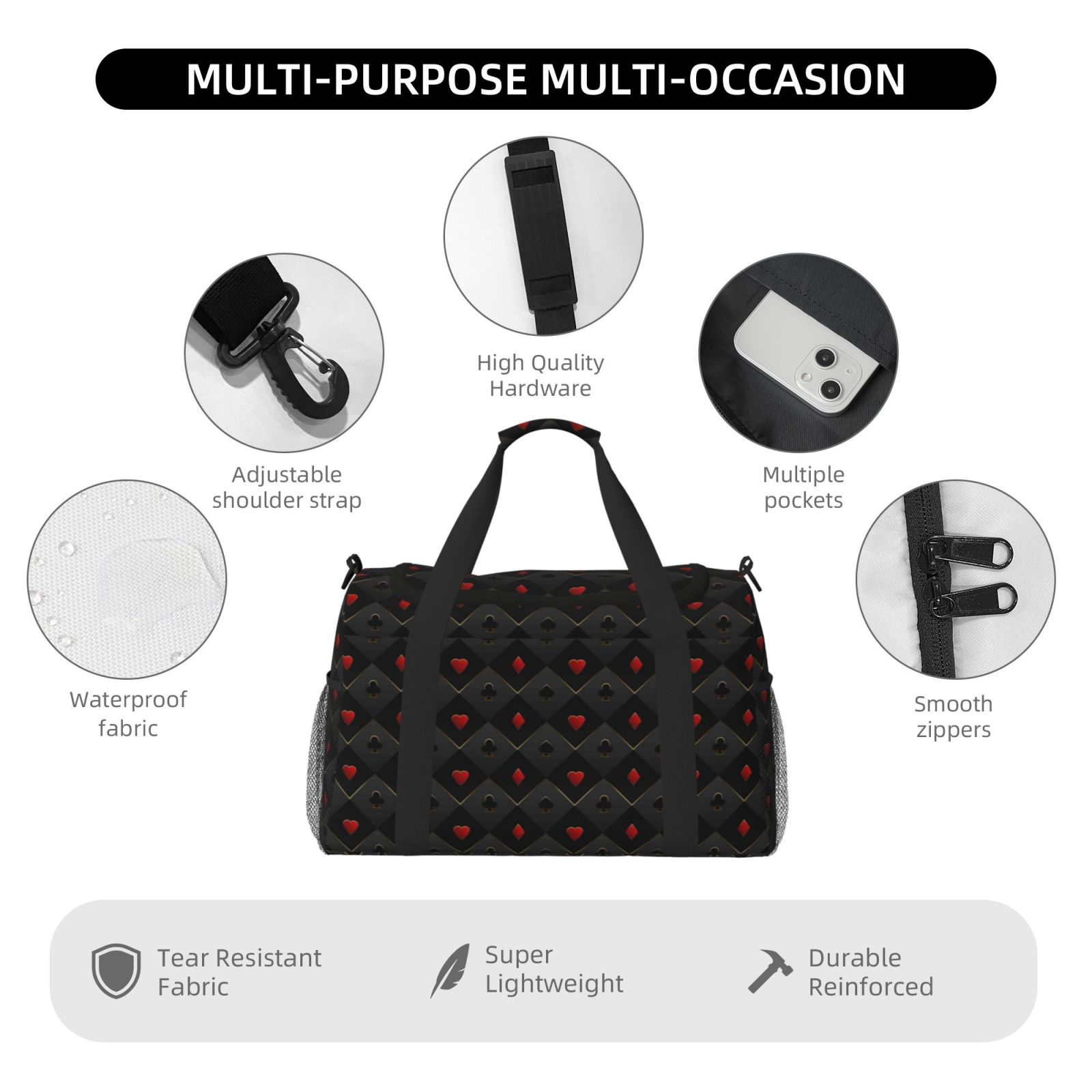 Fuzoiu Red Poker Print Travel Duffle Bag,Carry On Tote Bags,Duffel Bag,Sport Gym Bag, Hospital Bag for Labor and Delivery, Overnight Bag,Luggage Bag