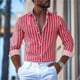 thumbnail image 3 of Camisa de hombre a rayas de 9 colores, informal, de negocios, para exteriores, primavera y verano, camisa de manga larga con solapa, diseño de botones de moda, 5XL, 3 of 4