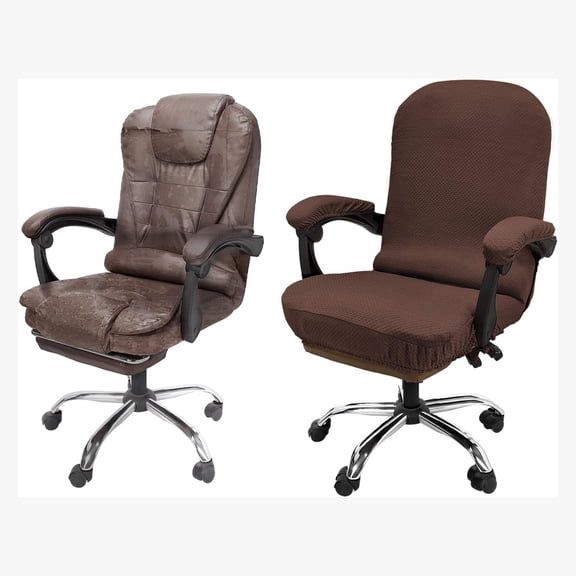 Stretchable Office Chair Cover with Armrest Covers – High-Back Desk Chair Slipcover, Checked Jacquard Fabric, Washable (Large Size, Coffee)