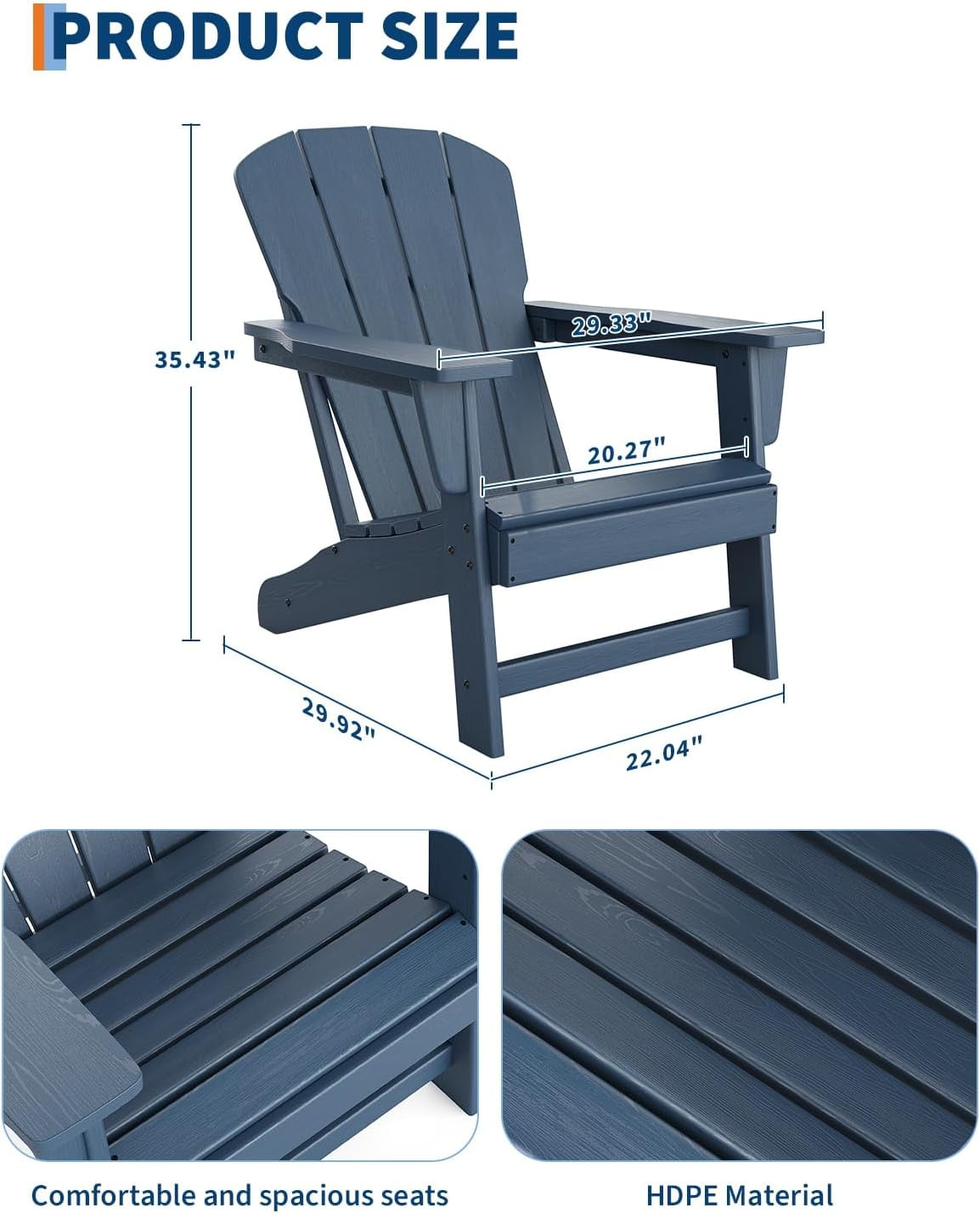 Outdoor Adirondack Chairs, HDPE Plastic Patio Chairs for All Weather, Weather-Resistant Fire Pit Chair with Wide Armrests & Slatted Back, for Patio, Deck, Lawn, Navy Blue