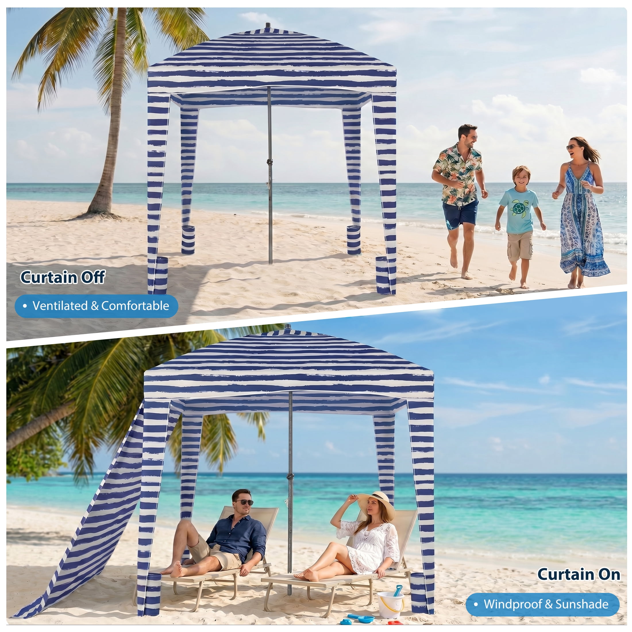 EDX Portable Beach Cabana Shelter Canopy, UPF 50+ Sand Pocket Sun Shade with Carry Bag, Easy Setup Waterproof Outdoor Beach Tent with Vent Top, for Kids, Family & Friends, Blue