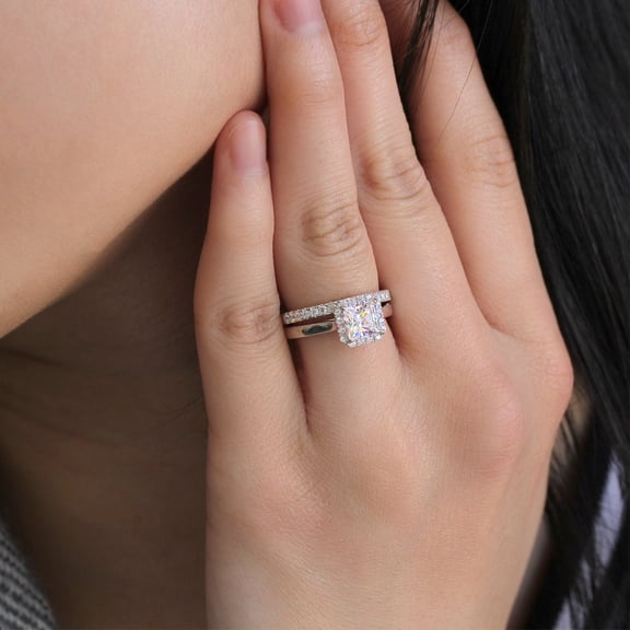 Bluebell Jewels Elegant Women’s Halo Bridal Ring Set in 14K White Gold Finish with CZ Stones Wedding Half Eternity Matching band