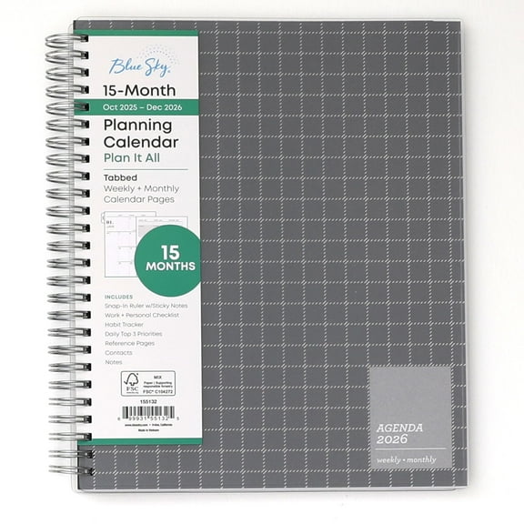 Blue Sky 15 Month 2026 Weekly and Monthly Planner Calendar, October 2025 - December 2026, 7" x 9", Flexible Cover, Durable Twin Wire Binding, Laminated Tabs, Includes Ruler & Sticky Notes, Aiden Dark