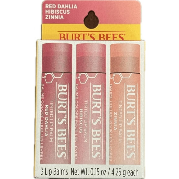 Burt's Bees Tinted Lip Balm | 3 Lip Balms - Red Dahlia, Hibiscus, Zinnia