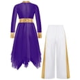 thumbnail image 5 of iiniim Girls Praise Dance Dress Long Sleeve Church Robe With Palazzo Pants Outfit Worship Liturgical Dancewear Purple&White 8, 5 of 7