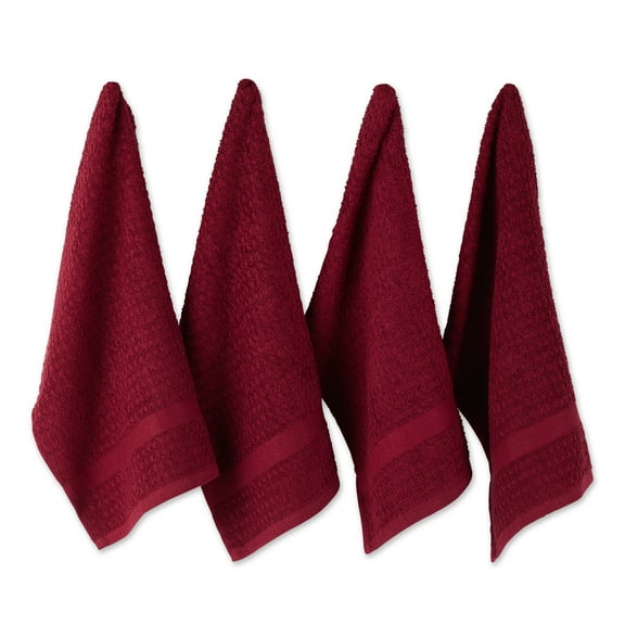 DII Terry Waffle Solid Dishtowel Set 4 Piece, 15x26", Wine