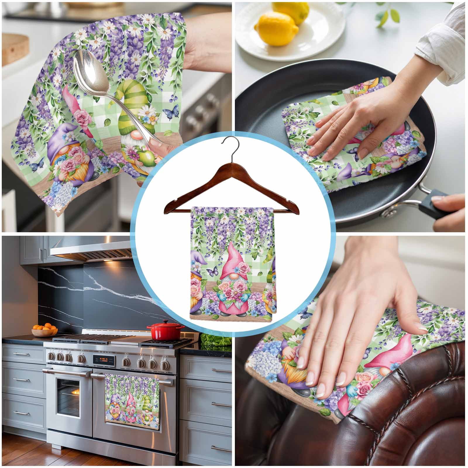 Blue Purple Gnomes Kitchen Towels Set of 3, Water Absorbent Dish Towel, Spring Hydrangea Flower Leaf Green Plaid Decorative Hand Towels - Quick Drying Cloth for Cooking Baking, 18x28 Inch