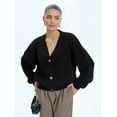 thumbnail image 4 of Women'S Chunky Knit Cardigan Sweater V-Neck Long Sleeve Button Casual Loose Cropped Cardigan Coat Black L, 4 of 7