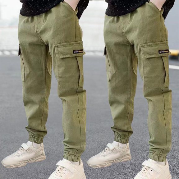 Cethrio Boys Cargo Pants, Relaxed 2 Piece Elastic Waist Cotton Jogger Pants Army Green Size 12-14 T