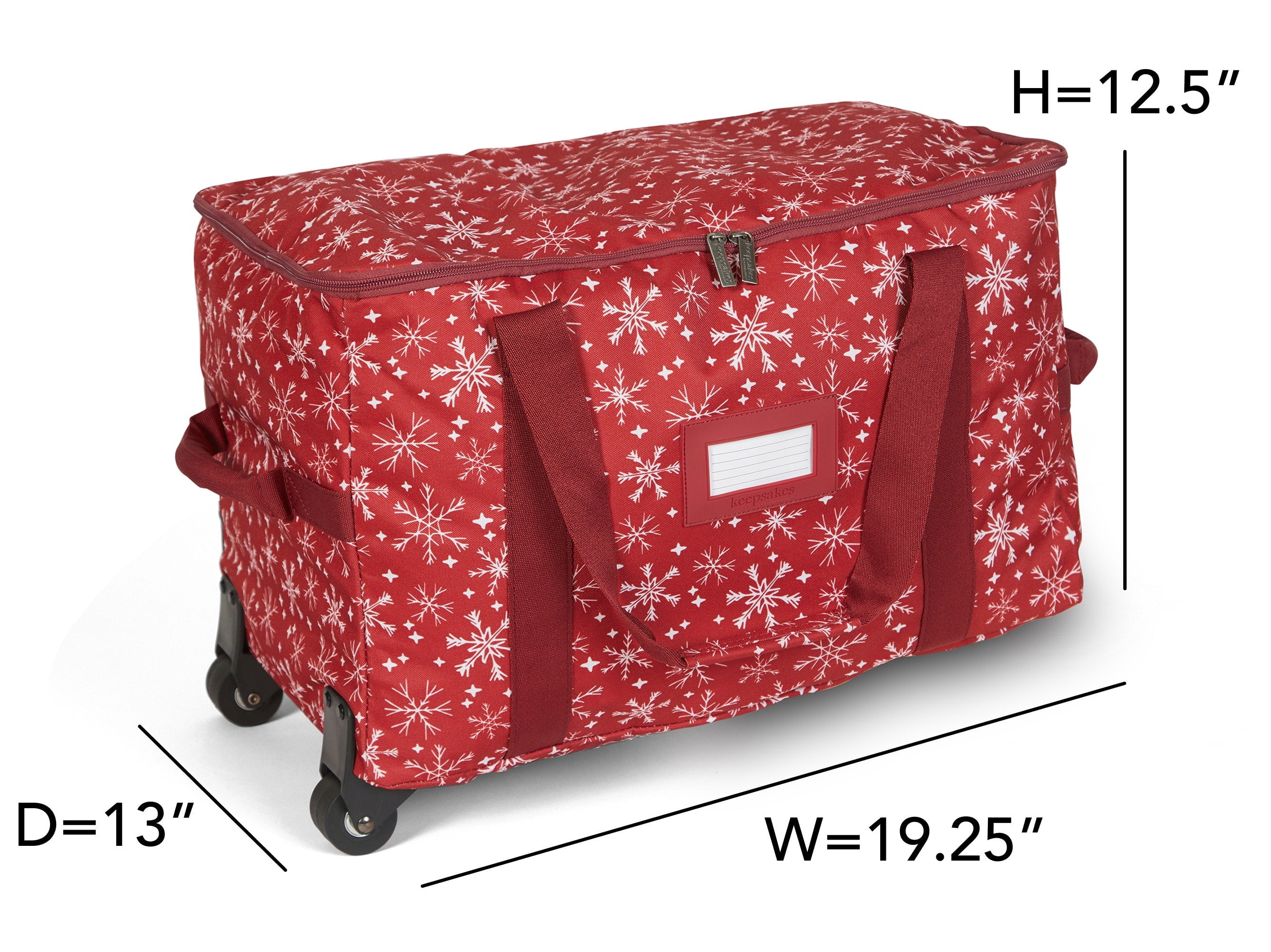 Covermates Keepsakes Rolling Treasurekeeper Storage Bag - Carrying Handles, ID Window, Dual Wheels - Holiday Storage, Red Snowflake