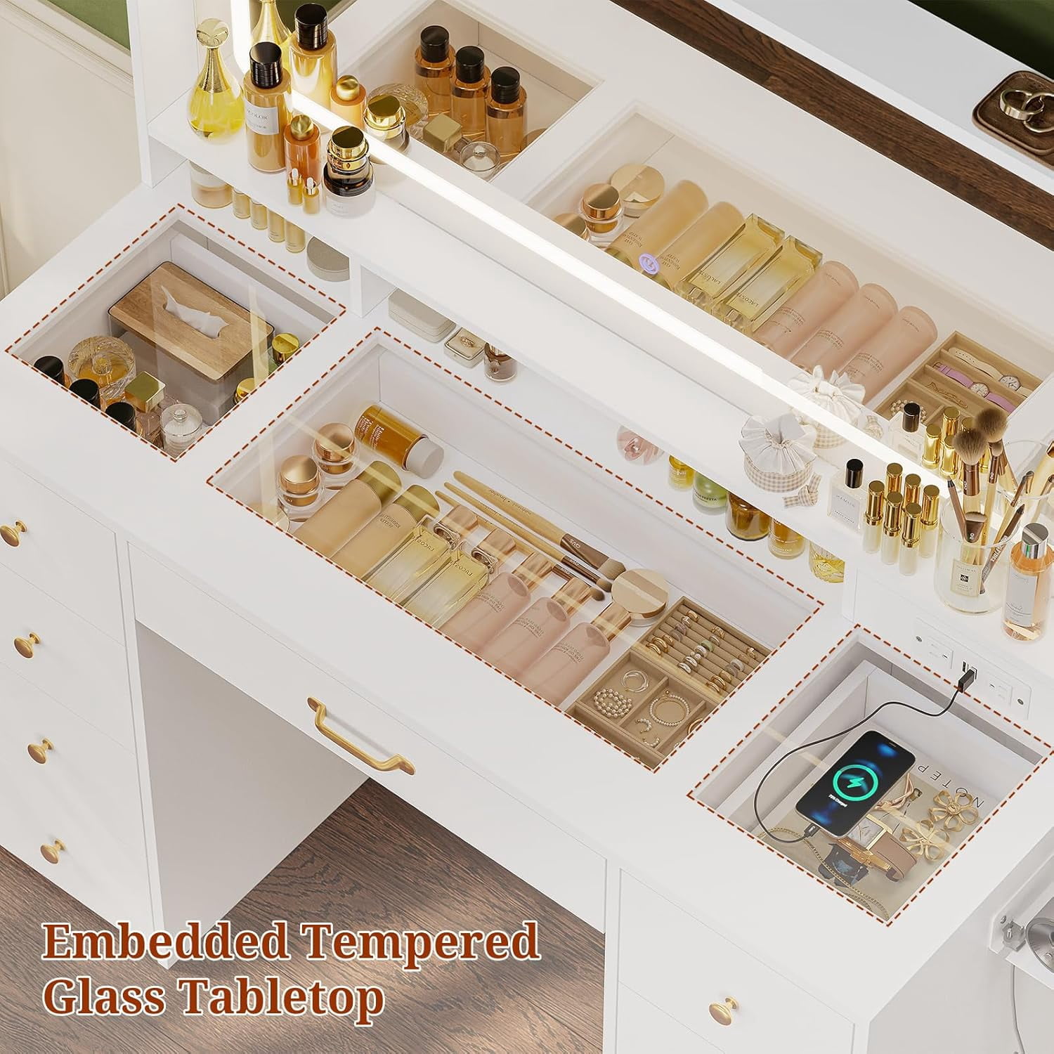 Vanity Desk With Large LED Mirror and Lights, Makeup Table With 6 Drawers and Power Outlet, Rolling Makeup Cart, Modern Storage Dressing Table, White