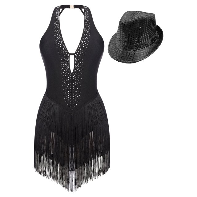 Linjinx Justaucorps de Danse pour Femmes avec Franges et Chapeau à Sequins Noir m