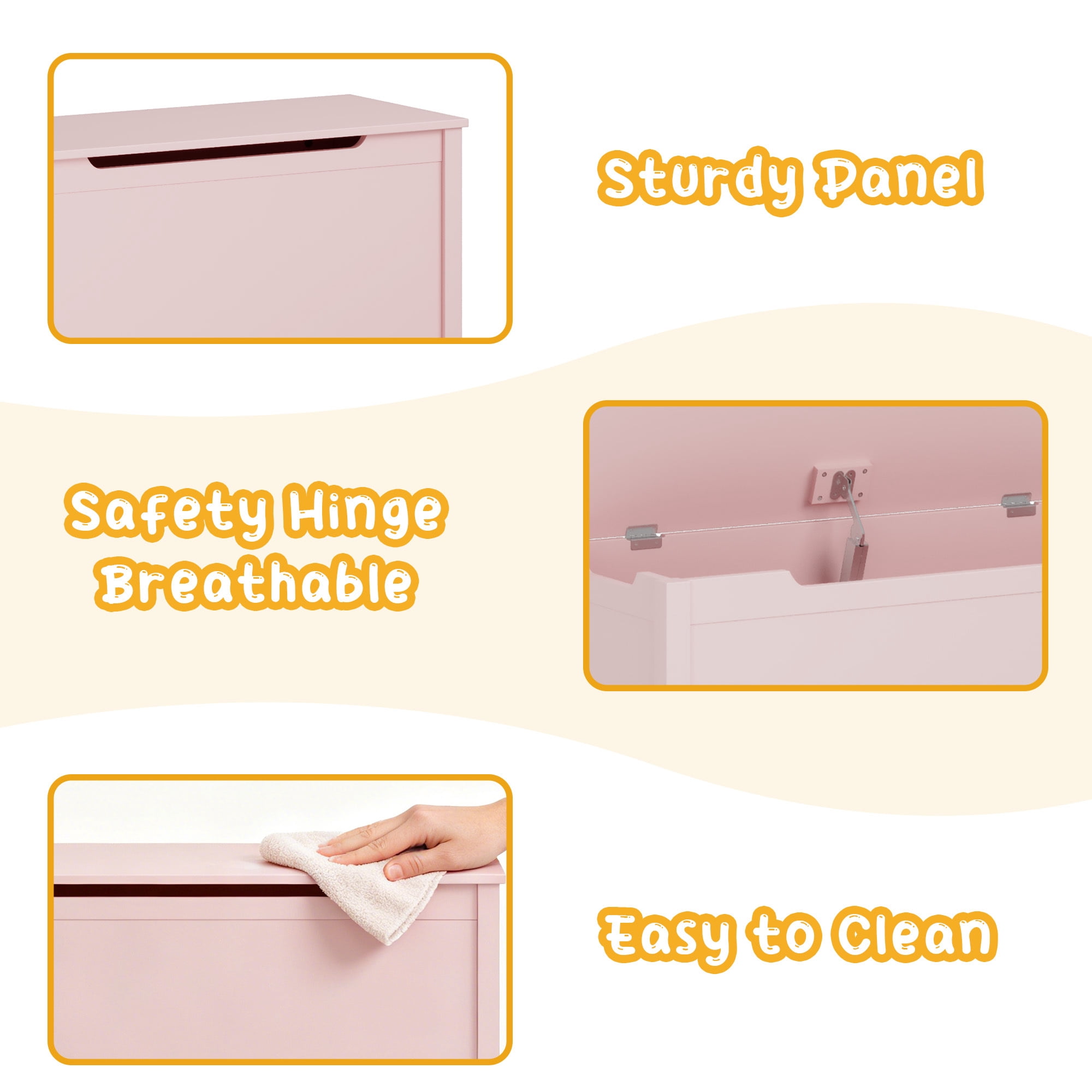Leumius Kids Wooden Toy Box Storage Organizer with Safety Hinged Lid,Modern Toy Chest for Nursery,Playroom,Pink