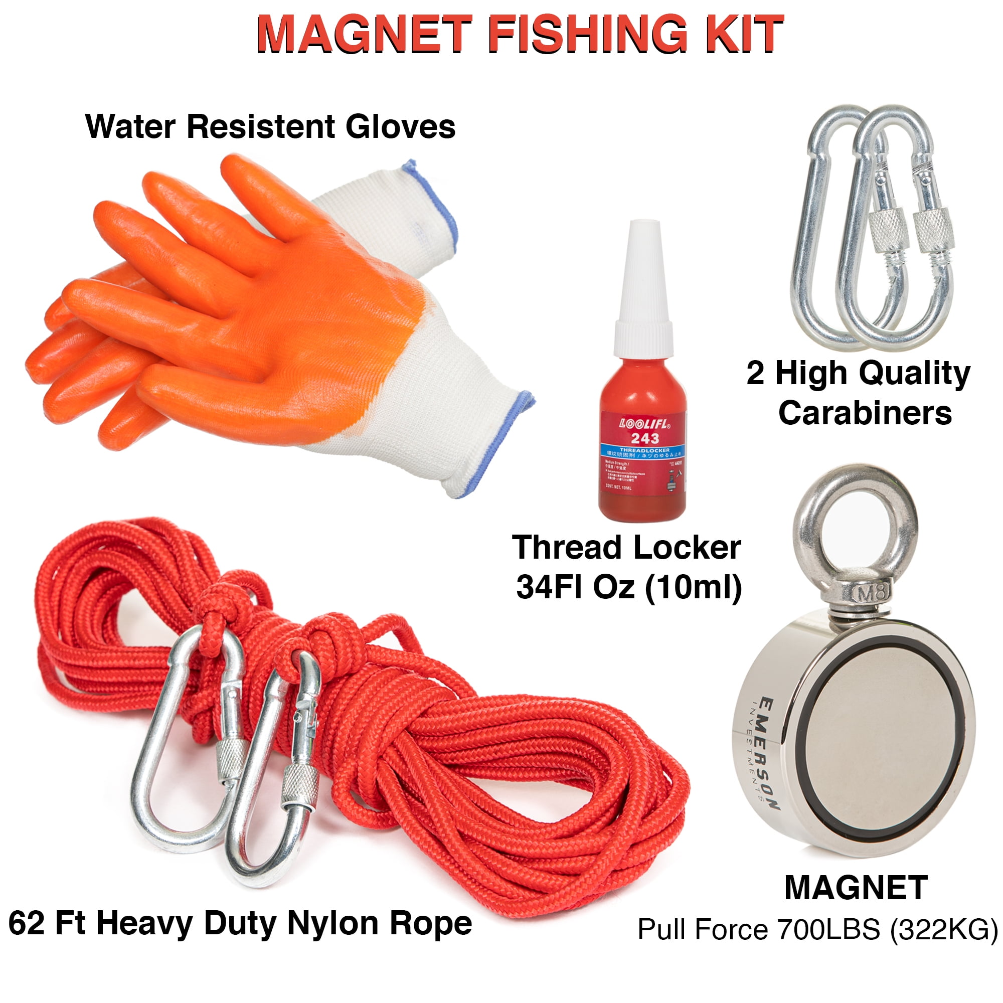 NEW 960 lbs Double Sided Fishing Magnet Kit With Gloves 64 ft Rope & Carabiner