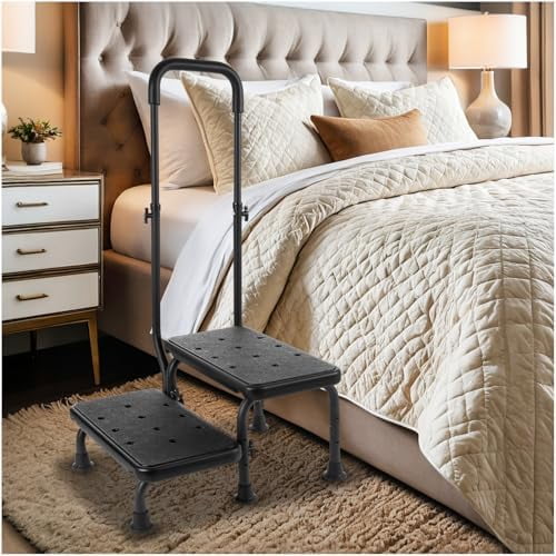 2 Step Stool with Handle for Elderly - Bed Steps for High Beds with Adjustable Handrail &Non-Slip Platform, Holds up to 450 lbs$$