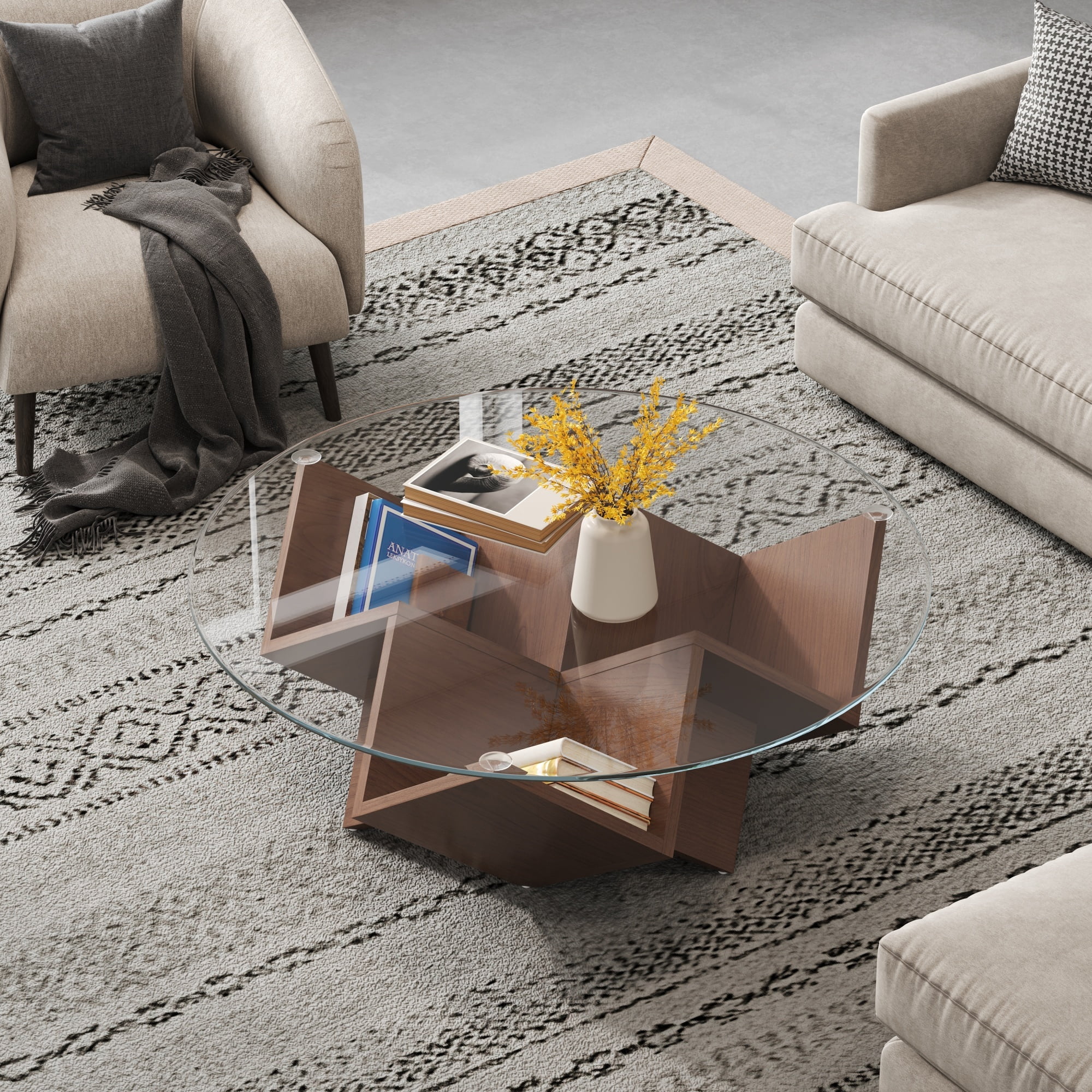 35.4" Round Coffee Table with Tempered Glass Top, Geometric Design Accent End Table with Abstract Art Deco Storage Shelves Base
