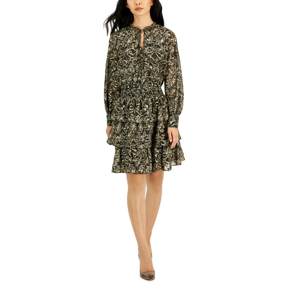 INC International Concepts Petite Printed Tiered Chiffon Peasant Dress Sara Snake PL