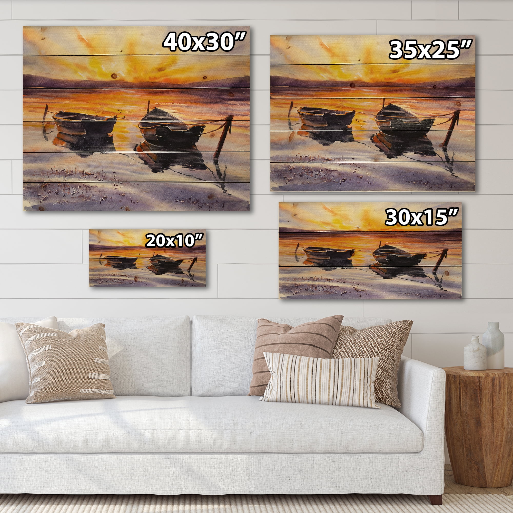 Designart 'Two Small Boats Parking On The Shore and Sunset' Lake House Print on Natural Pine Wood