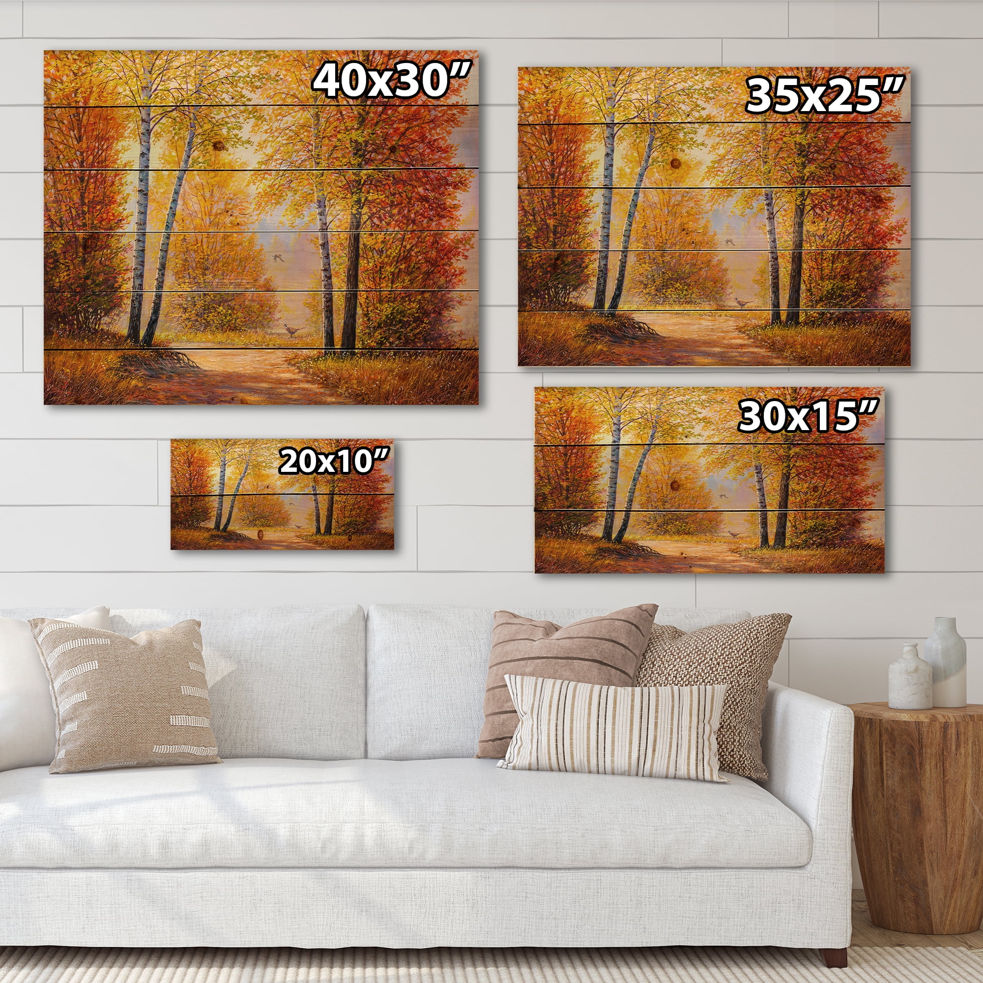 Designart 'Sunrise Glow Through The Autumn Trees' Lake House Print on Natural Pine Wood
