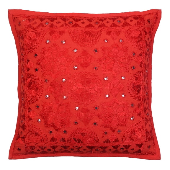 Stylo Culture Ethnic Settee Sofa Throw Pillow Cover 16x16 Embroidered Red Bohemian 40 x 40 cm Living Room Toss Pillow Case Cotton Mirrored Square Cushion Cover | 1 Pc