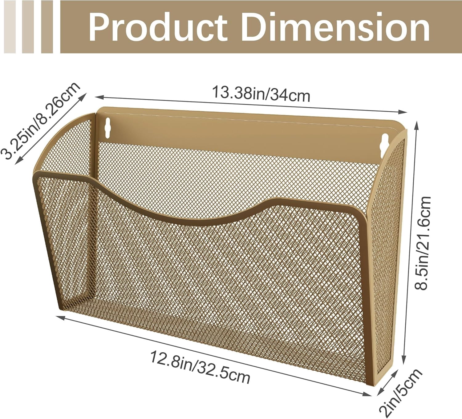 Wall File Organizer, Metal Mesh Hanging File Folder Holder for Letter/A4 Size Folders, Vertical Wall Mount Mail Sorter for Office Paperwork, Classroom, Gold