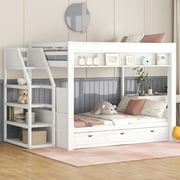 Euroco Wood Full Bunk Bed or Full over Futon with Shelf and Drawers for Kids Teens, Covertible into Daybed for Living Room, White