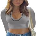 thumbnail image 1 of Women Short Top Shirt Long Sleeve Patchwork Ribbed Front Button V-Neck Cropped Tops Ladies Spring/Summer Slim Navel Shirt, 1 of 3